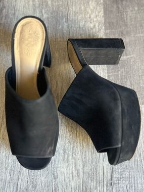 Vince Camuto Black Suede Platform Mules Open Toe Block Heel Slide Sandals Size 6